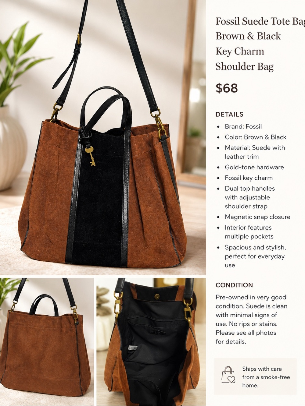 Fossil Brown and Black Suede Tote with Key Charm